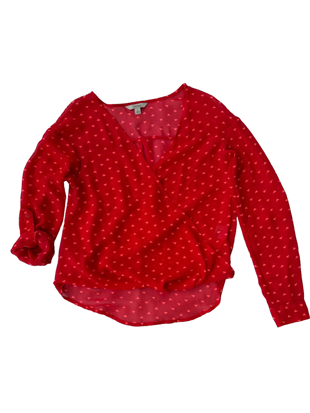 Boho Indie Y2K Feminine Decree Red Geometric Print Surplice Sheer Blouse Small